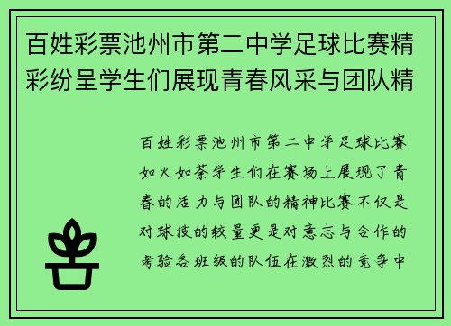 百姓彩票池州市第二中学足球比赛精彩纷呈学生们展现青春风采与团队精神