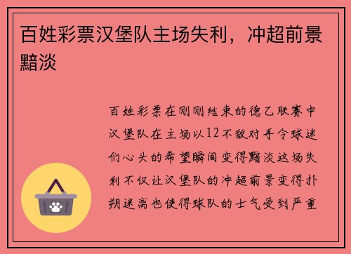 百姓彩票汉堡队主场失利，冲超前景黯淡