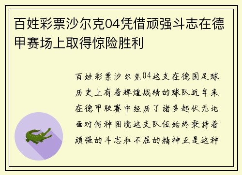 百姓彩票沙尔克04凭借顽强斗志在德甲赛场上取得惊险胜利